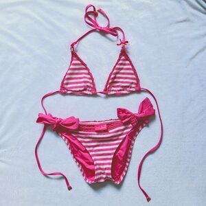Betsey Johnson Pink and White Striped Waffle Knit Two Piece Swimsuit…